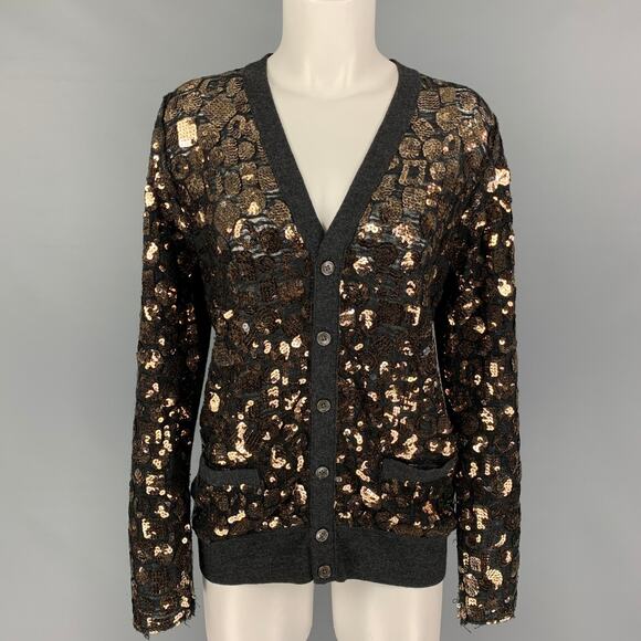 MARC JACOBS Size S Charcoal Gold Merino Wool Sequined Buttoned Cardigan - Picture 1 of 1